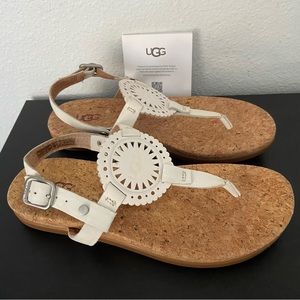 UGG White Cork Footbed Leather T-Strap Sandals
